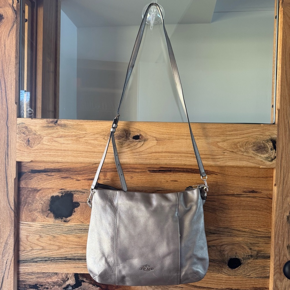 Coach Large Edie Shoulder Bag Pebble Leather Metallic Pewter Hobo Tote